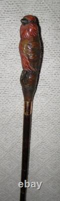 Antique Walking Stick Hand Carved Bird Handle With Glass Eyes Gold Plated Collar