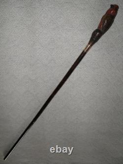 Antique Walking Stick Hand Carved Bird Handle With Glass Eyes Gold Plated Collar