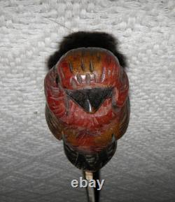 Antique Walking Stick Hand Carved Bird Handle With Glass Eyes Gold Plated Collar