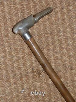 Antique Walking Stick Hand-Carved Bovine Horn Greyhound & Hallmarked 1911 Silver