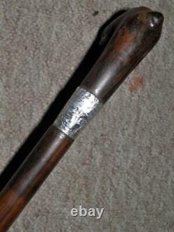 Antique Walking Stick Hand-Carved British Bulldog Top -H/M Silver Collar 1909