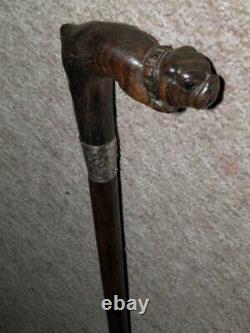 Antique Walking Stick Hand-Carved British Bulldog Top -H/M Silver Collar 1909