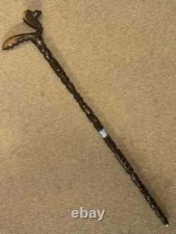 Antique Walking Stick Hand Carved Cobra Snake Handle & Patterned Shaft