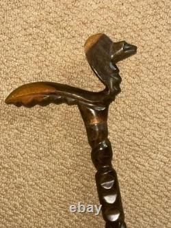Antique Walking Stick Hand Carved Cobra Snake Handle & Patterned Shaft