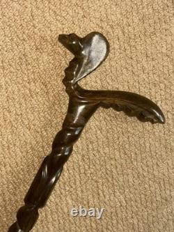 Antique Walking Stick Hand Carved Cobra Snake Handle & Patterned Shaft