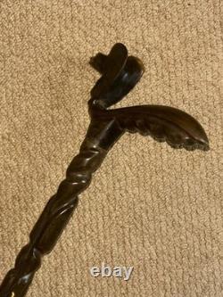 Antique Walking Stick Hand Carved Cobra Snake Handle & Patterned Shaft