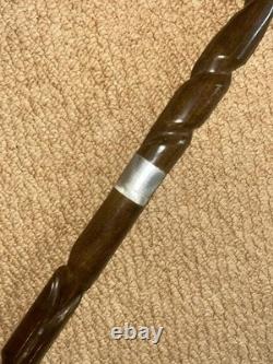 Antique Walking Stick Hand Carved Cobra Snake Handle & Patterned Shaft