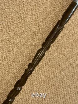Antique Walking Stick Hand Carved Cobra Snake Handle & Patterned Shaft