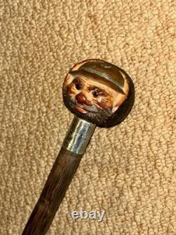 Antique Walking Stick Hand-Carved Coquilla Nut Man Top & Hallmarked 1920 Silver