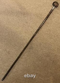 Antique Walking Stick Hand-Carved Coquilla Nut Man Top & Hallmarked 1920 Silver