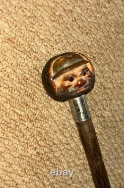 Antique Walking Stick Hand-Carved Coquilla Nut Man Top & Hallmarked 1920 Silver