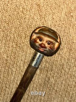 Antique Walking Stick Hand-Carved Coquilla Nut Man Top & Hallmarked 1920 Silver