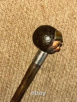 Antique Walking Stick Hand-Carved Coquilla Nut Man Top & Hallmarked 1920 Silver