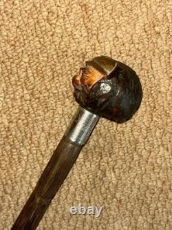 Antique Walking Stick Hand-Carved Coquilla Nut Man Top & Hallmarked 1920 Silver