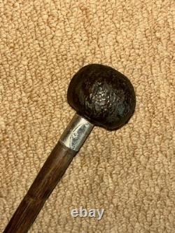 Antique Walking Stick Hand-Carved Coquilla Nut Man Top & Hallmarked 1920 Silver