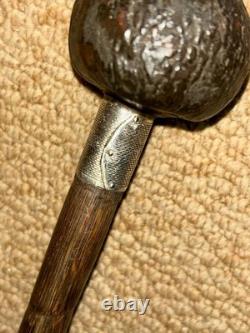 Antique Walking Stick Hand-Carved Coquilla Nut Man Top & Hallmarked 1920 Silver