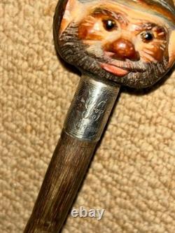 Antique Walking Stick Hand-Carved Coquilla Nut Man Top & Hallmarked 1920 Silver