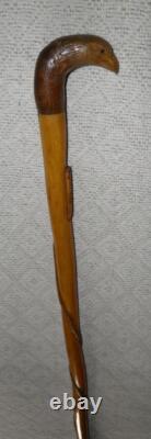 Antique Walking Stick Hand Carved Eagle Head Handle Glass Eyes With Snake On Shaft