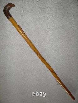 Antique Walking Stick Hand Carved Eagle Head Handle Glass Eyes With Snake On Shaft