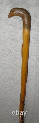 Antique Walking Stick Hand Carved Eagle Head Handle Glass Eyes With Snake On Shaft