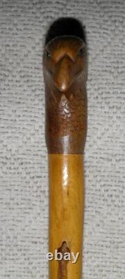 Antique Walking Stick Hand Carved Eagle Head Handle Glass Eyes With Snake On Shaft