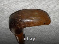 Antique Walking Stick Hand Carved Eagle Head Handle Glass Eyes With Snake On Shaft