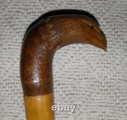 Antique Walking Stick Hand Carved Eagle Head Handle Glass Eyes With Snake On Shaft