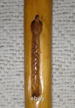 Antique Walking Stick Hand Carved Eagle Head Handle Glass Eyes With Snake On Shaft