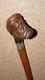 Antique Walking Stick Hand Carved Glass Eyed Man & Hallmarked Silver Collar