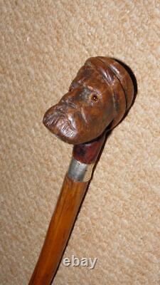 Antique Walking Stick Hand Carved Glass Eyed Man & Hallmarked Silver Collar