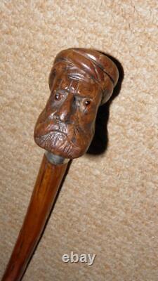 Antique Walking Stick Hand Carved Glass Eyed Man & Hallmarked Silver Collar