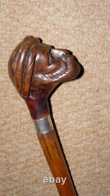 Antique Walking Stick Hand Carved Glass Eyed Man & Hallmarked Silver Collar