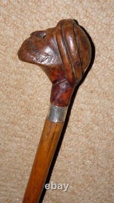 Antique Walking Stick Hand Carved Glass Eyed Man & Hallmarked Silver Collar