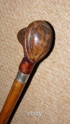 Antique Walking Stick Hand Carved Glass Eyed Man & Hallmarked Silver Collar