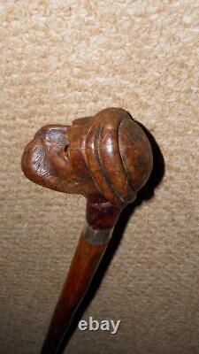 Antique Walking Stick Hand Carved Glass Eyed Man & Hallmarked Silver Collar