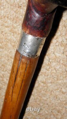 Antique Walking Stick Hand Carved Glass Eyed Man & Hallmarked Silver Collar