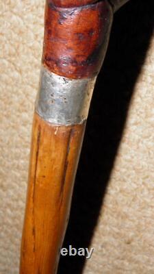 Antique Walking Stick Hand Carved Glass Eyed Man & Hallmarked Silver Collar