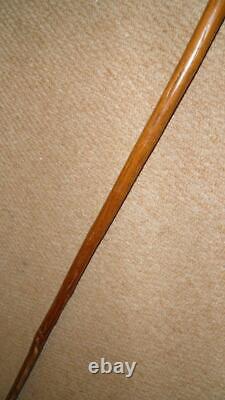 Antique Walking Stick Hand Carved Glass Eyed Man & Hallmarked Silver Collar