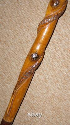 Antique Walking Stick Hand-Carved Hound Dog Handle & Winding Snake Shaft