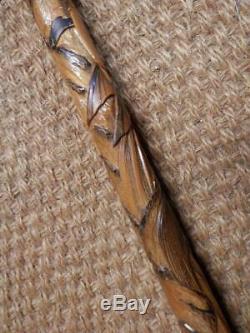 Antique Walking Stick Hand Carved Japanese Samurai Man And Carp With Ball Root