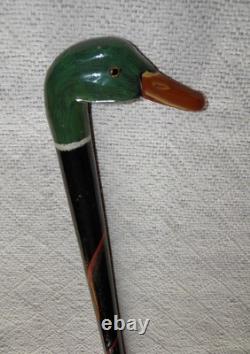 Antique Walking Stick Hand Carved / Painted Duck Head Fritz Handle Glass Eyes