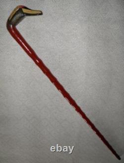 Antique Walking Stick Hand Carved / Painted Duck Head Fritz Handle Glass Eyes