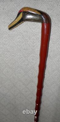 Antique Walking Stick Hand Carved / Painted Duck Head Fritz Handle Glass Eyes