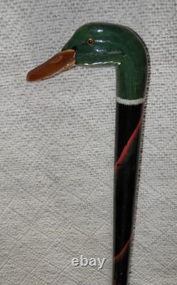 Antique Walking Stick Hand Carved / Painted Duck Head Fritz Handle Glass Eyes