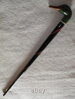 Antique Walking Stick Hand Carved / Painted Duck Head Fritz Handle Glass Eyes
