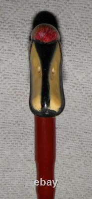 Antique Walking Stick Hand Carved / Painted Duck Head Fritz Handle Glass Eyes