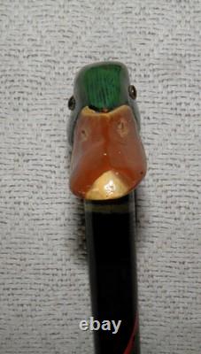 Antique Walking Stick Hand Carved / Painted Duck Head Fritz Handle Glass Eyes
