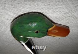 Antique Walking Stick Hand Carved / Painted Duck Head Fritz Handle Glass Eyes