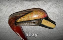 Antique Walking Stick Hand Carved / Painted Duck Head Fritz Handle Glass Eyes