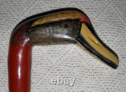 Antique Walking Stick Hand Carved / Painted Duck Head Fritz Handle Glass Eyes